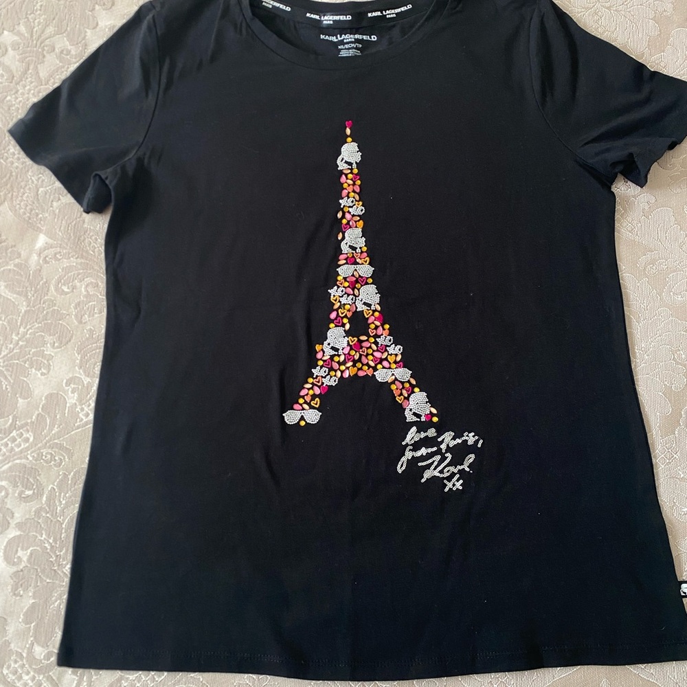 Karl Lagerfeld Black Short Sleeve Tee with Colorful Eiffel Motif